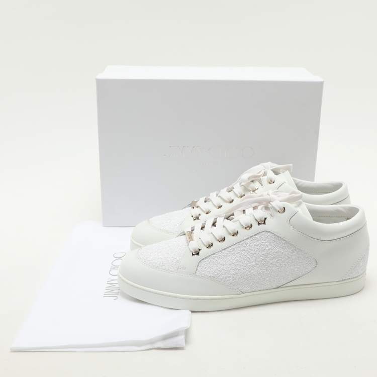 Pre Owned Jimmy Choo White Glitter and Leather Miami Low Top Sneakers Size 43