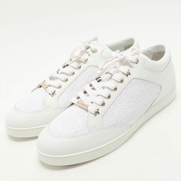 Pre Owned Jimmy Choo White Glitter and Leather Miami Low Top Sneakers Size 43