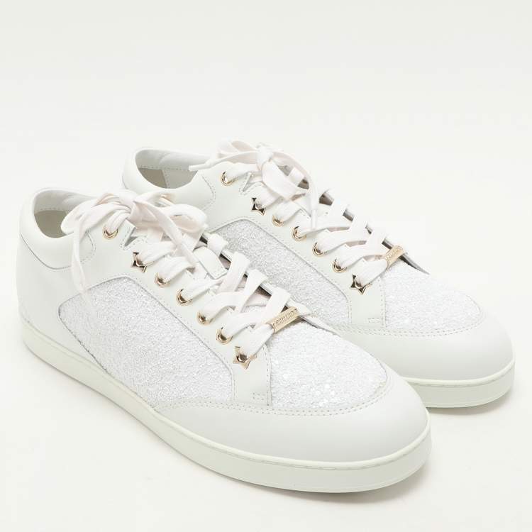 Pre Owned Jimmy Choo White Glitter and Leather Miami Low Top Sneakers Size 43