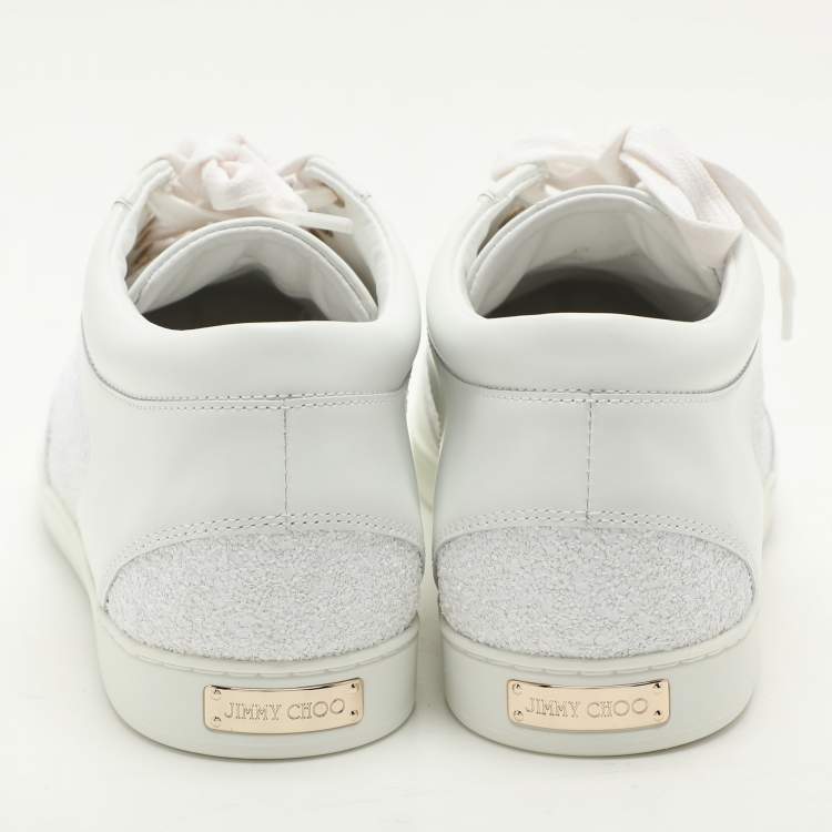 Pre Owned Jimmy Choo White Glitter and Leather Miami Low Top Sneakers Size 43