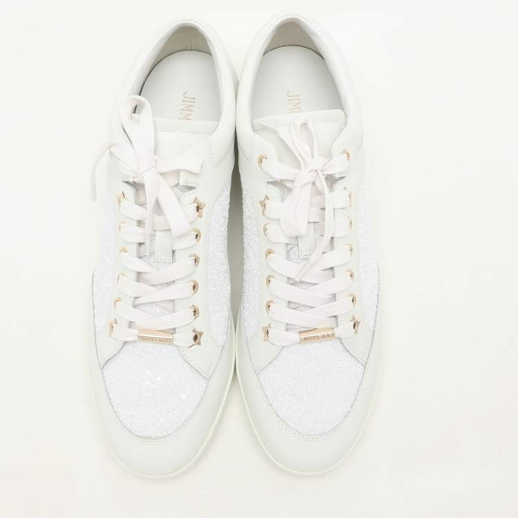 Pre Owned Jimmy Choo White Glitter and Leather Miami Low Top Sneakers Size 43