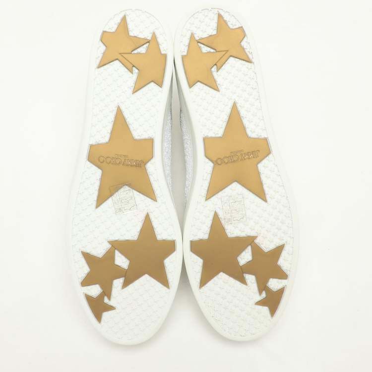 Pre Owned Jimmy Choo White Glitter and Leather Miami Low Top Sneakers Size 43
