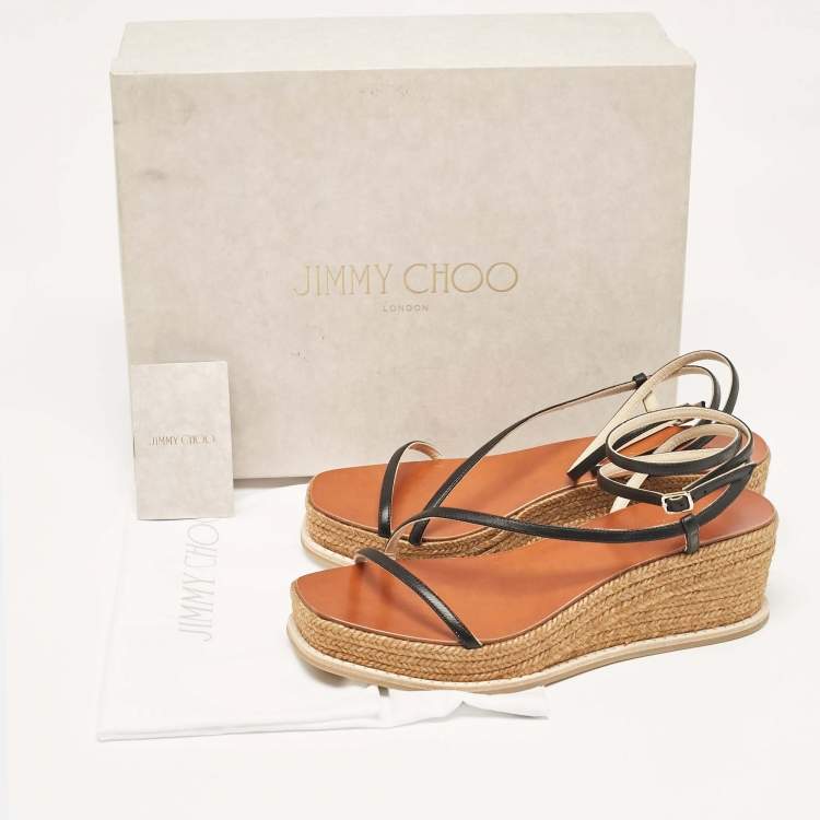 Pre Owned Jimmy Choo Black Leather Drive Wedge Sandals Size 38