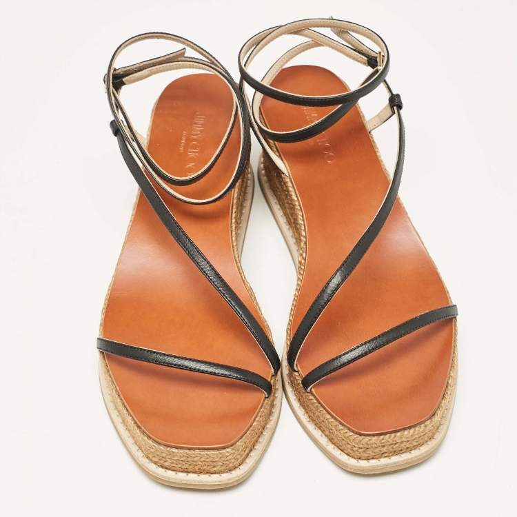 Pre Owned Jimmy Choo Black Leather Drive Wedge Sandals Size 38