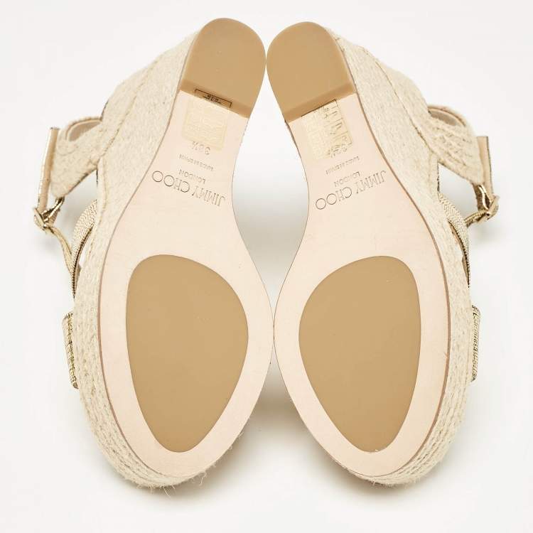 Pre Owned Jimmy Choo Gold Lizard Embossed Leather Dellena Wedge Sandals Size 38.5