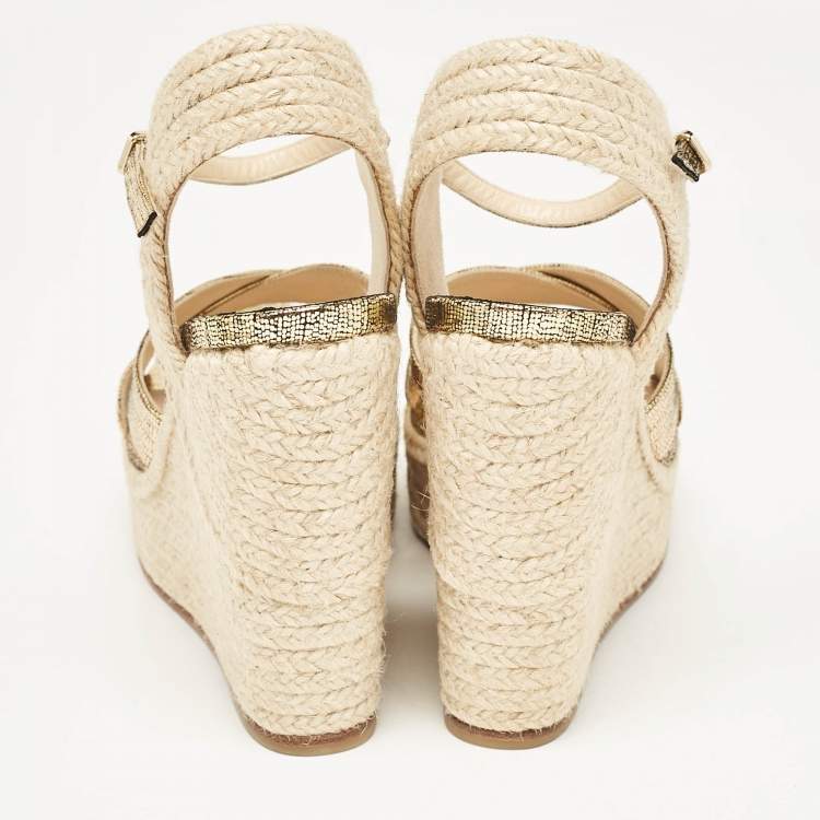 Pre Owned Jimmy Choo Gold Lizard Embossed Leather Dellena Wedge Sandals Size 38.5