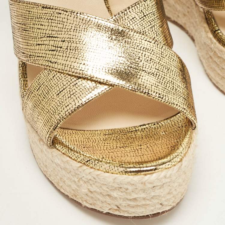 Pre Owned Jimmy Choo Gold Lizard Embossed Leather Dellena Wedge Sandals Size 38.5