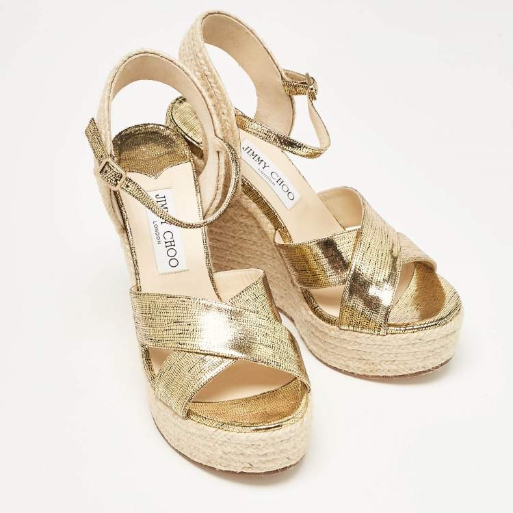 Pre Owned Jimmy Choo Gold Lizard Embossed Leather Dellena Wedge Sandals Size 38.5