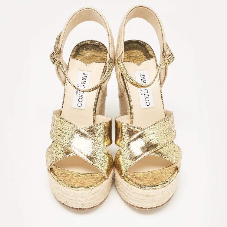 Pre Owned Jimmy Choo Gold Lizard Embossed Leather Dellena Wedge Sandals Size 38.5