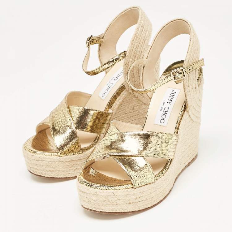 Pre Owned Jimmy Choo Gold Lizard Embossed Leather Dellena Wedge Sandals Size 38.5