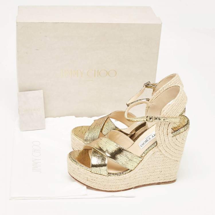 Pre Owned Jimmy Choo Gold Lizard Embossed Leather Dellena Wedge Sandals Size 38.5