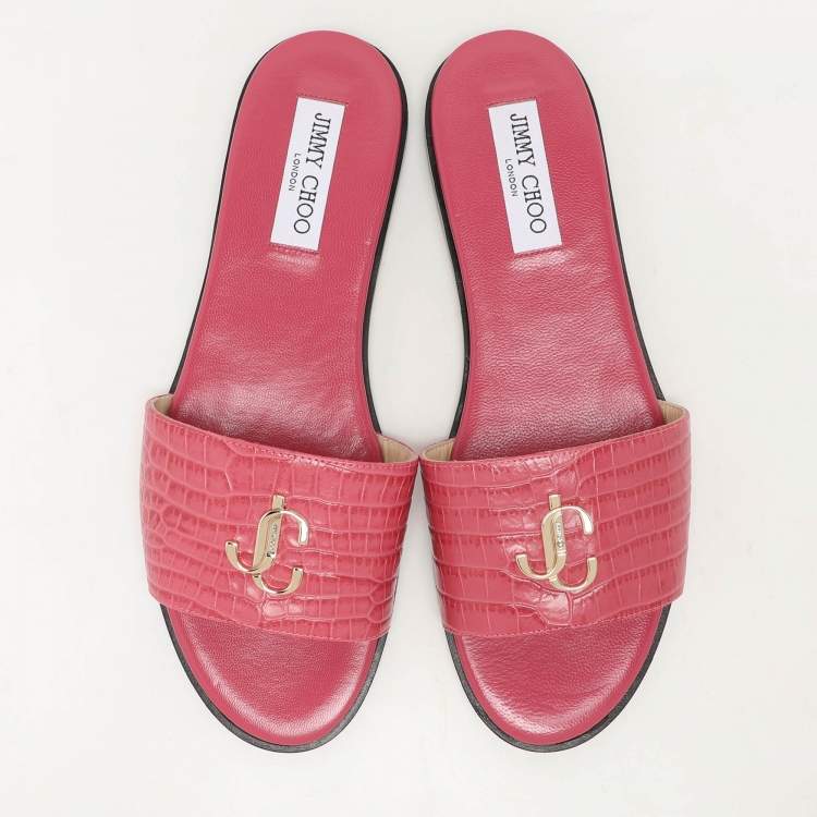 Pre Owned Jimmy Choo Pink Croc Embossed Leather Minea Slide Sandals Size 40