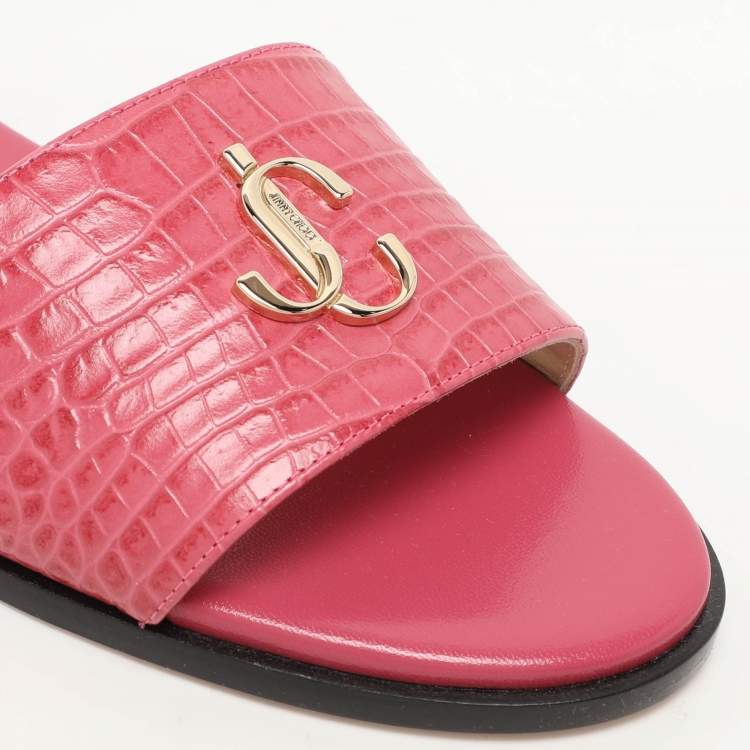 Pre Owned Jimmy Choo Pink Croc Embossed Leather Minea Slide Sandals Size 40