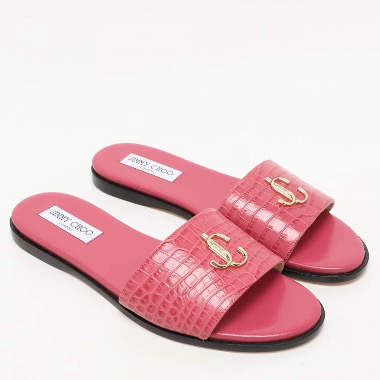 Pre Owned Jimmy Choo Pink Croc Embossed Leather Minea Slide Sandals Size 40