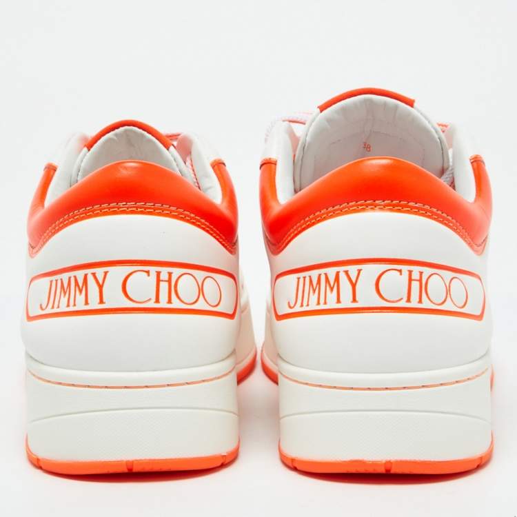 Pre Owned Jimmy Choo White/Neon Orange Leather Hawaii/F Sneakers Size 38