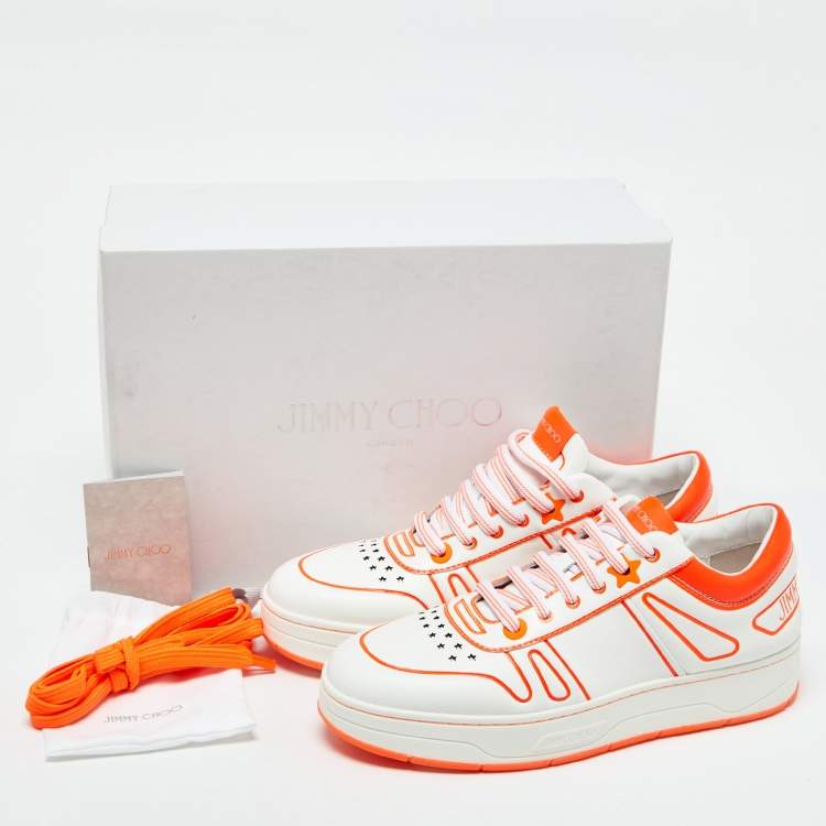 Pre Owned Jimmy Choo White/Neon Orange Leather Hawaii/F Sneakers Size 38