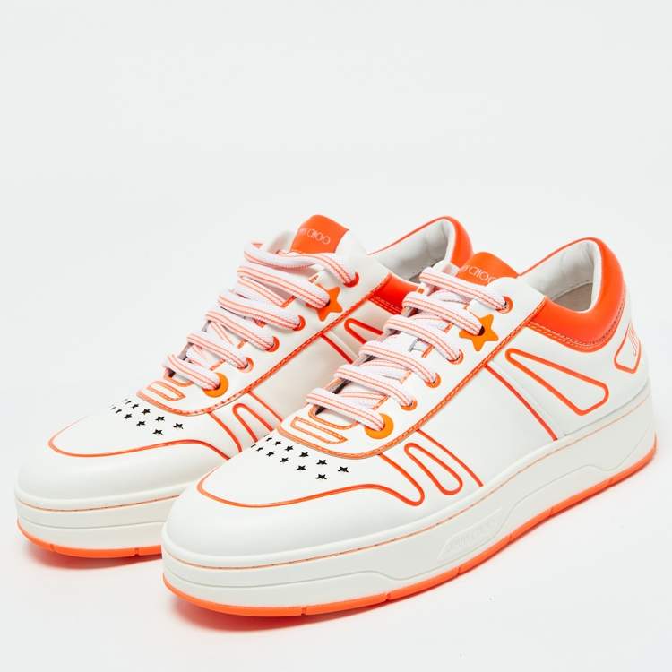 Pre Owned Jimmy Choo White/Neon Orange Leather Hawaii/F Sneakers Size 38