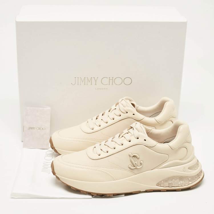 Pre Owned Jimmy Choo Beige Leather and Neoprene Memphis Sneakers Size 38