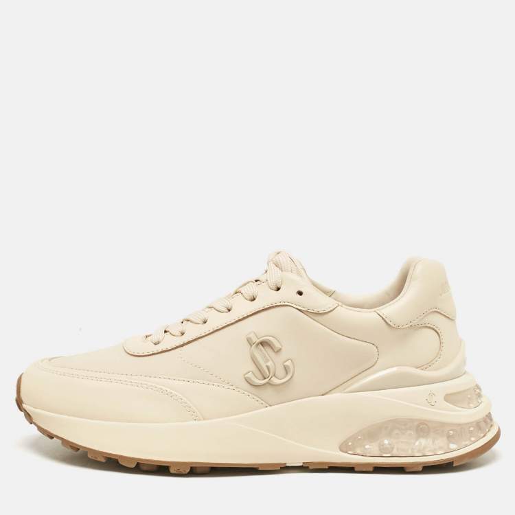 Pre Owned Jimmy Choo Beige Leather and Neoprene Memphis Sneakers Size 38