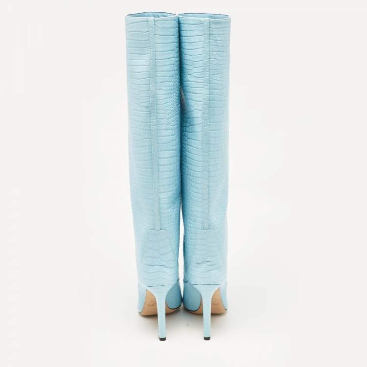 Pre Owned Jimmy Choo Blue Croc Embossed Leather Knee Length Boots Size 39