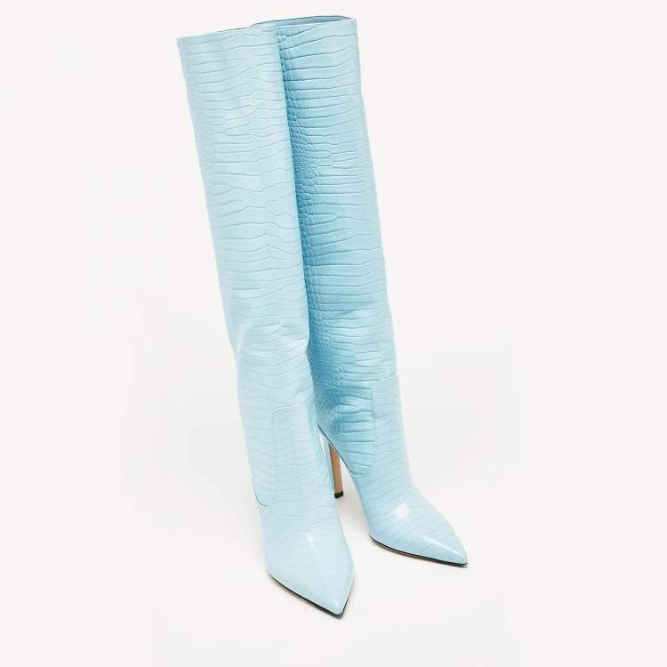 Pre Owned Jimmy Choo Blue Croc Embossed Leather Knee Length Boots Size 39