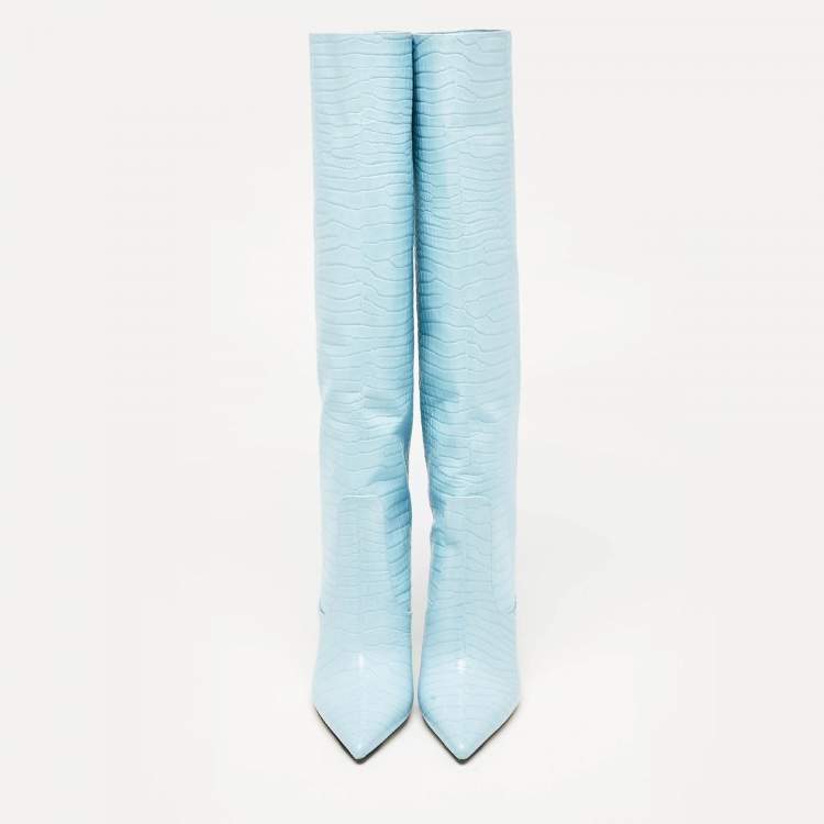Pre Owned Jimmy Choo Blue Croc Embossed Leather Knee Length Boots Size 39