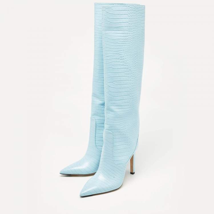 Pre Owned Jimmy Choo Blue Croc Embossed Leather Knee Length Boots Size 39