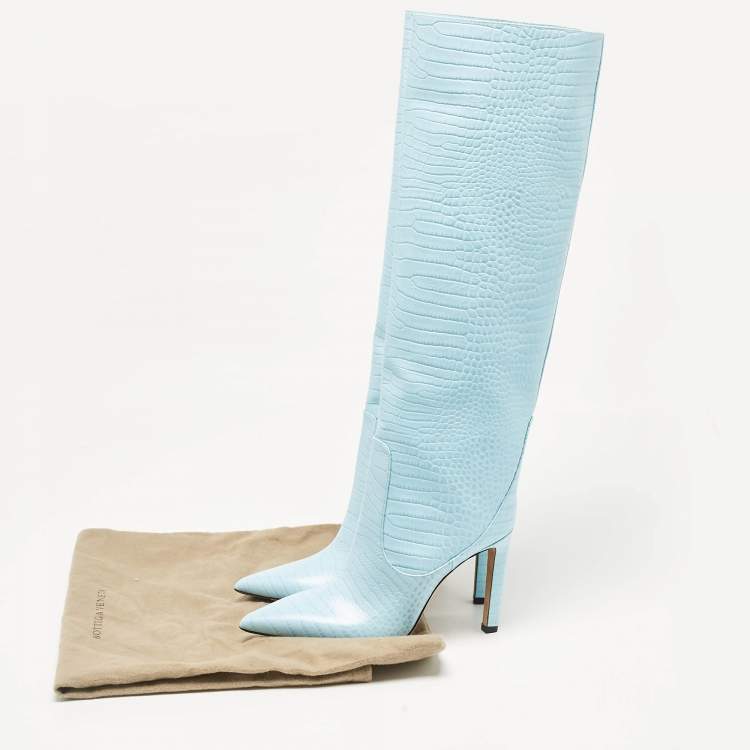 Pre Owned Jimmy Choo Blue Croc Embossed Leather Knee Length Boots Size 39