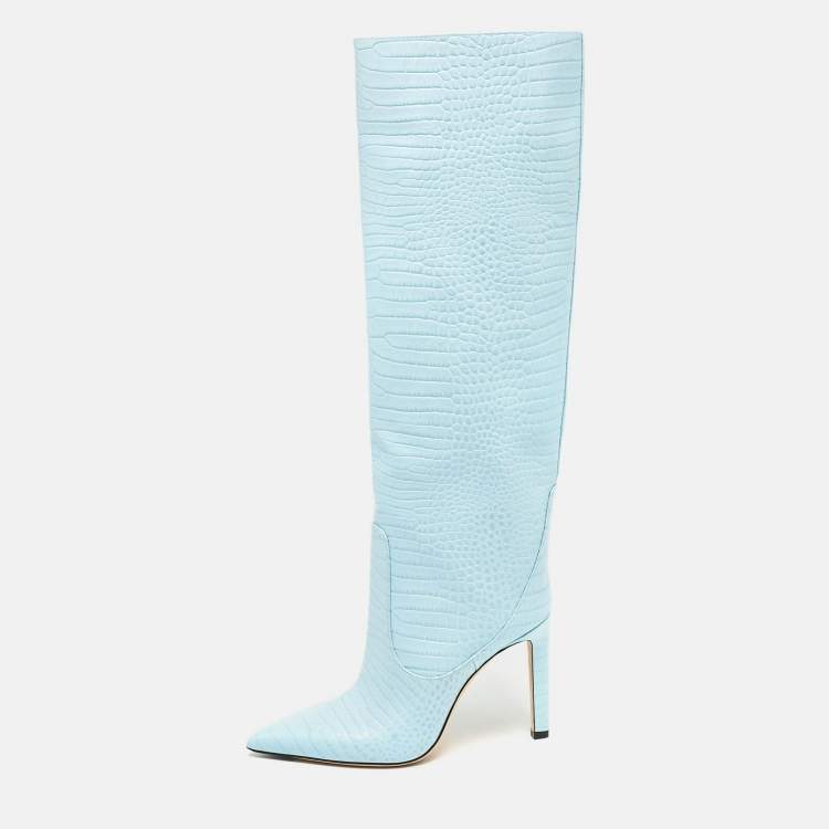 Pre Owned Jimmy Choo Blue Croc Embossed Leather Knee Length Boots Size 39