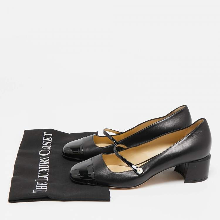 Pre Owned Jimmy Choo Black Leather and Patent Leather Elisa Mary Jane Pumps Size 38.5