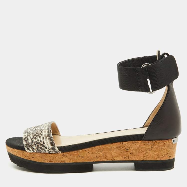 Pre Owned Jimmy Choo Black Snakeskin and Stretch Band Neat Ankle Strap Sandals Size 37.5