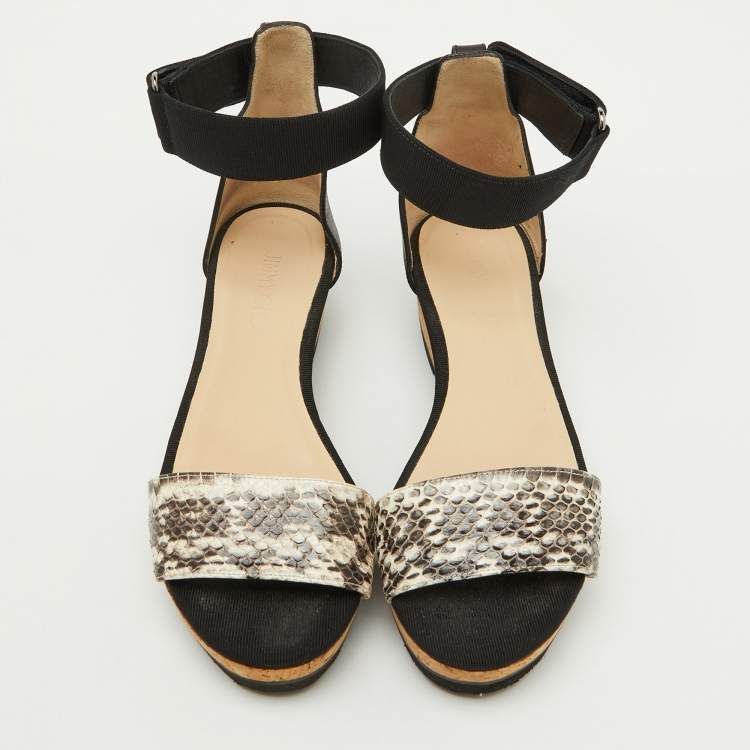 Pre Owned Jimmy Choo Black Snakeskin and Stretch Band Neat Ankle Strap Sandals Size 37.5
