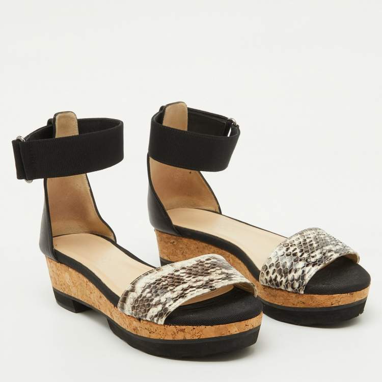 Pre Owned Jimmy Choo Black Snakeskin and Stretch Band Neat Ankle Strap Sandals Size 37.5