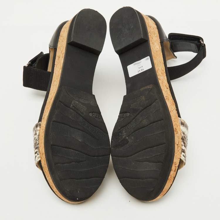 Pre Owned Jimmy Choo Black Snakeskin and Stretch Band Neat Ankle Strap Sandals Size 37.5