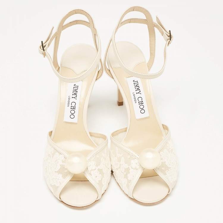Pre Owned Jimmy Choo Off White Leather and Lace Sacora Sandals Size 38