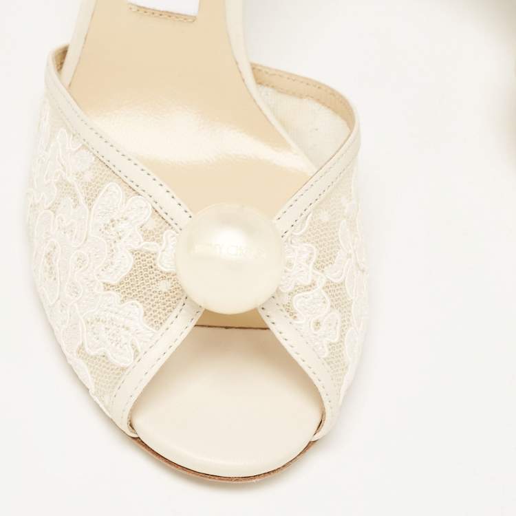 Pre Owned Jimmy Choo Off White Leather and Lace Sacora Sandals Size 38