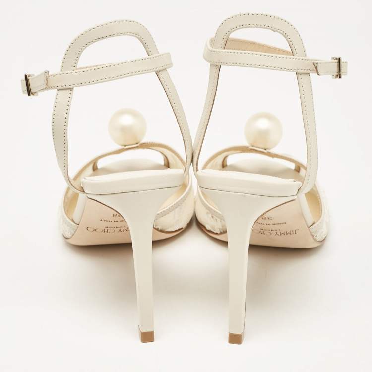 Pre Owned Jimmy Choo Off White Leather and Lace Sacora Sandals Size 38