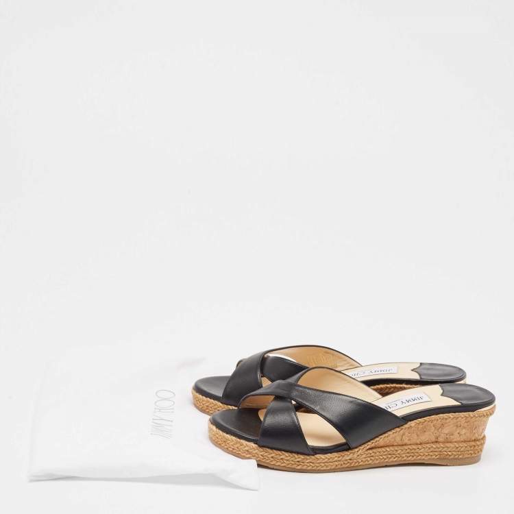 Pre Owned Jimmy Choo Black Leather Criss Cross Cork Wedge Slide Sandals Size 37.5