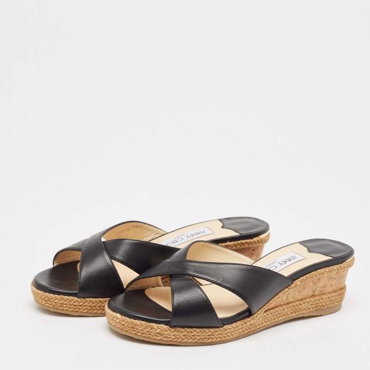 Pre Owned Jimmy Choo Black Leather Criss Cross Cork Wedge Slide Sandals Size 37.5