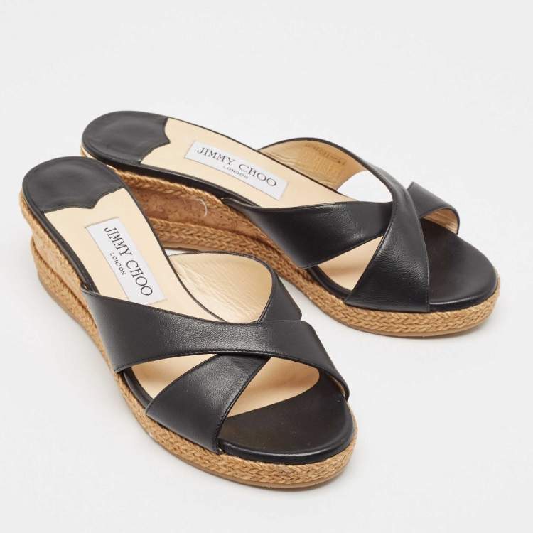 Pre Owned Jimmy Choo Black Leather Criss Cross Cork Wedge Slide Sandals Size 37.5