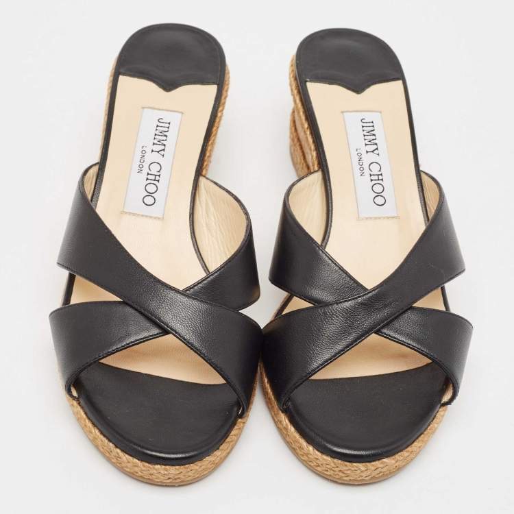 Pre Owned Jimmy Choo Black Leather Criss Cross Cork Wedge Slide Sandals Size 37.5