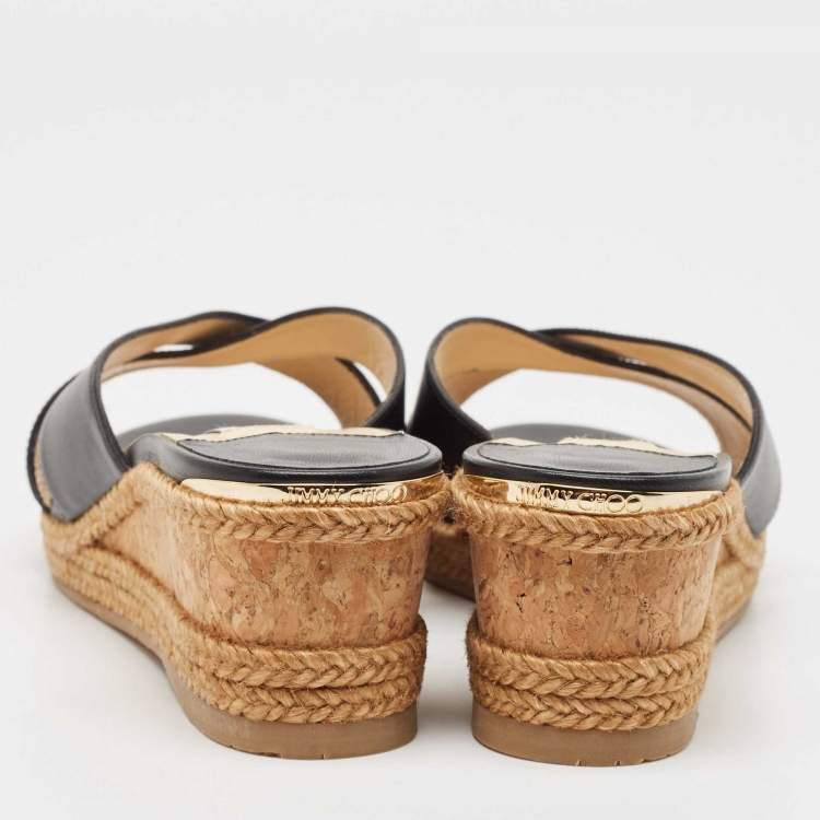 Pre Owned Jimmy Choo Black Leather Criss Cross Cork Wedge Slide Sandals Size 37.5