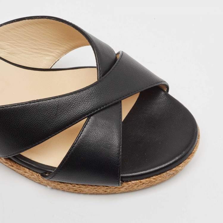 Pre Owned Jimmy Choo Black Leather Criss Cross Cork Wedge Slide Sandals Size 37.5