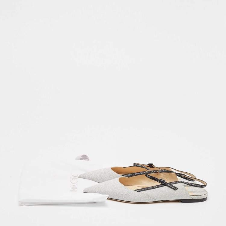 Pre Owned Jimmy Choo Silver Glitter Ree Slingback Flats Size 40