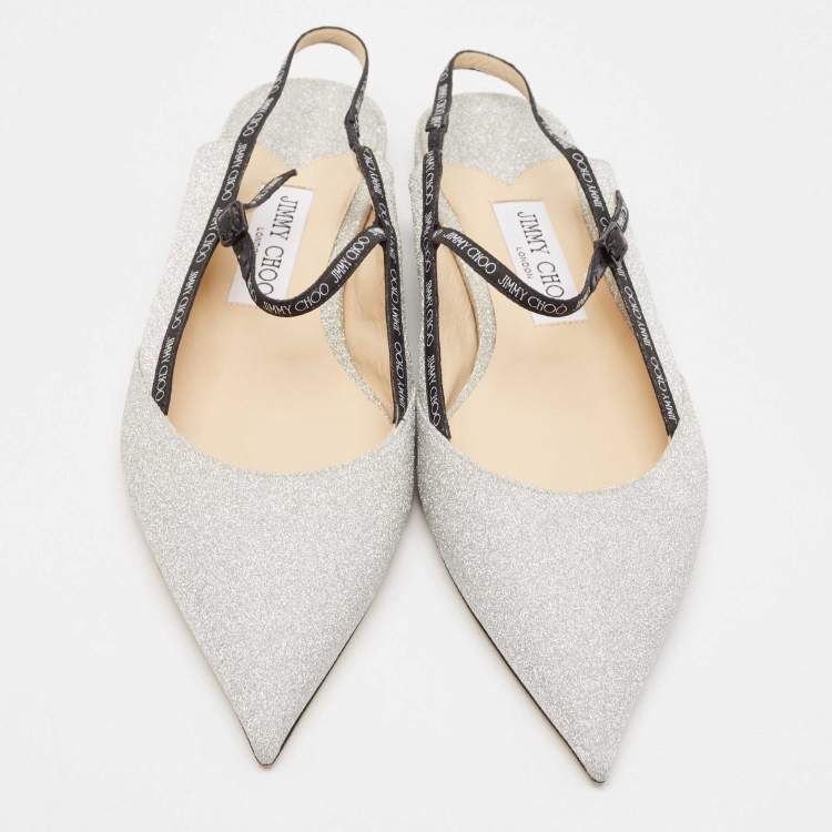 Pre Owned Jimmy Choo Silver Glitter Ree Slingback Flats Size 40