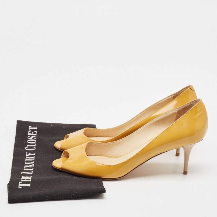 Pre Owned Jimmy Choo Yellow Patent Leather Evelyn Peep Toe Pumps Size 39