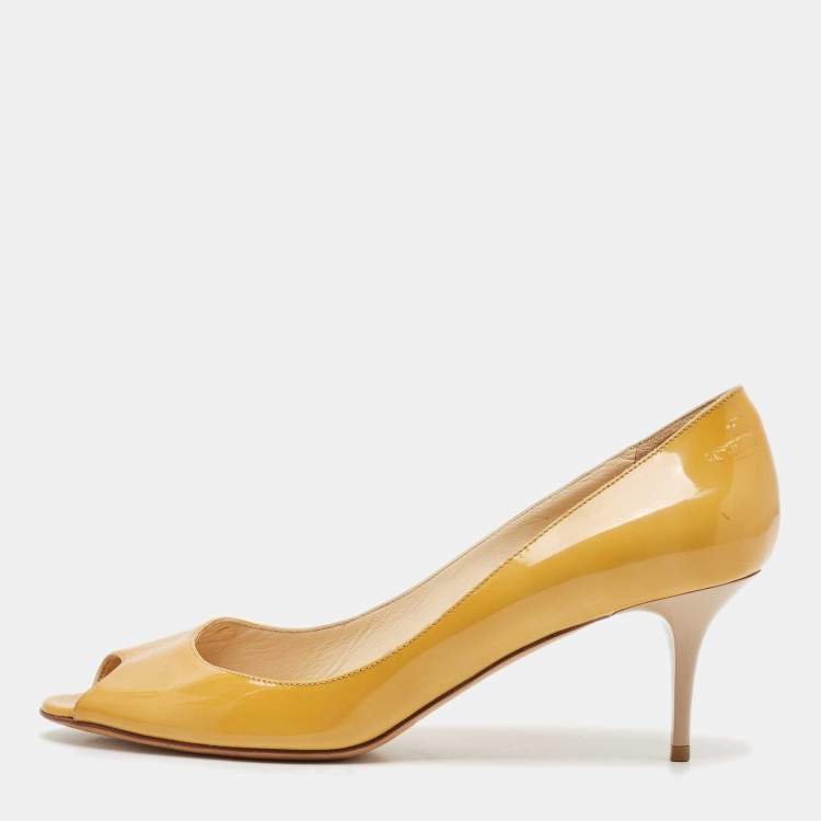 Pre Owned Jimmy Choo Yellow Patent Leather Evelyn Peep Toe Pumps Size 39