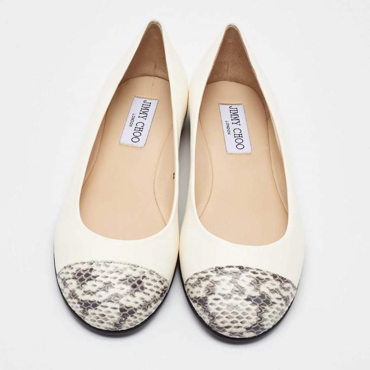 Pre Owned Jimmy Choo White Leather and Snakeskin Cap Toe Gaze Ballet Flats Size 35