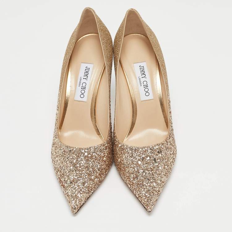 Pre Owned Jimmy Choo Gold Glitter Love Pumps Size 41