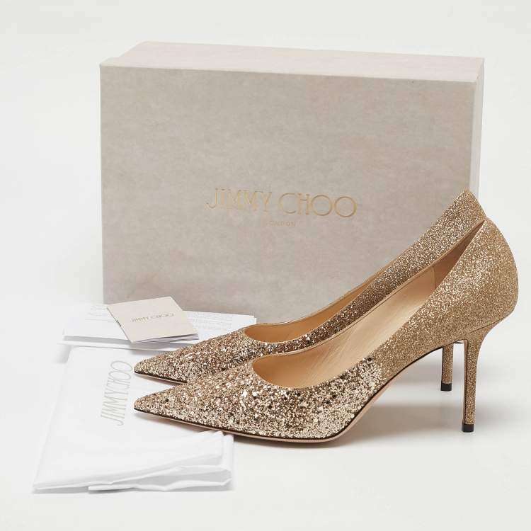 Pre Owned Jimmy Choo Gold Glitter Love Pumps Size 41